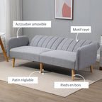 Canapé Convertible 2 Places Design scandinave Dossier inclinable 3 Positions Pieds Bois Tissu Aspect Lin Gris-5