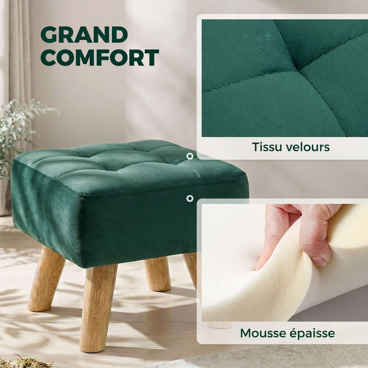 Repose-Pied Salon, Ottoman, Siège Rembourré en Tissu avec Pieds en Bois, 27 x 27 x 26 cm, Vert Foncé-4
