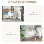 Table basse - table de chevet - table de nuit ronde - design scandinave table d'appoint bout de canapé avec tiroir pieds effilés inclinés bois massif chêne clair blanc-4