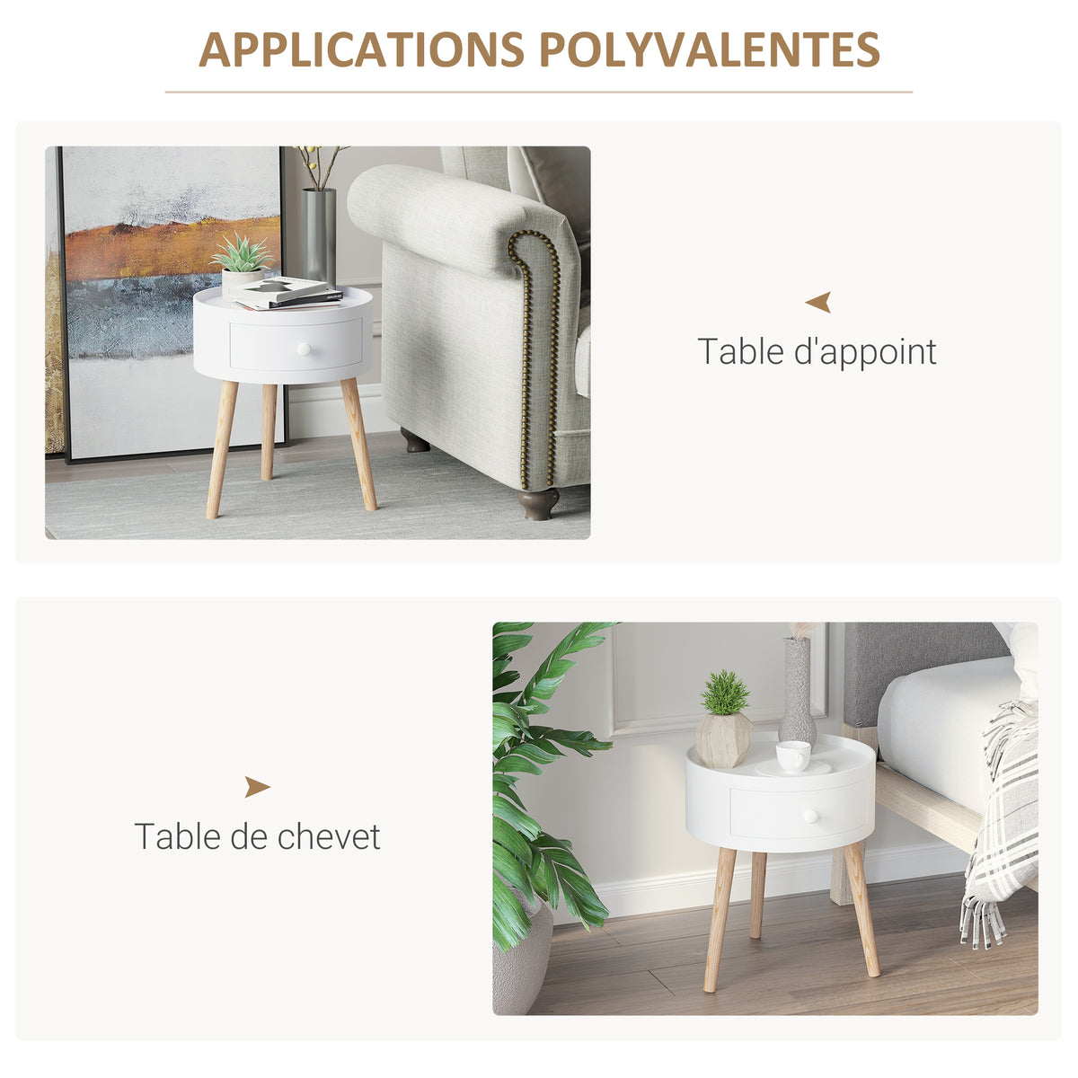 Table basse - table de chevet - table de nuit ronde - design scandinave table d'appoint bout de canapé avec tiroir pieds effilés inclinés bois massif chêne clair blanc-4