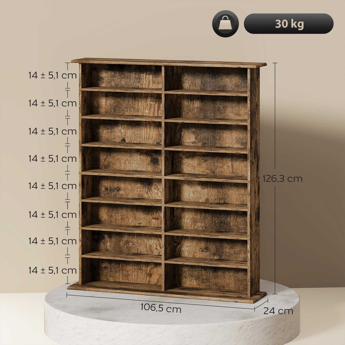 Rangements pour CD et DVD avec 16 compartiments et 12 étagères réglables capacité max. 720 CD/396 DVD et Blu-ray marron-2