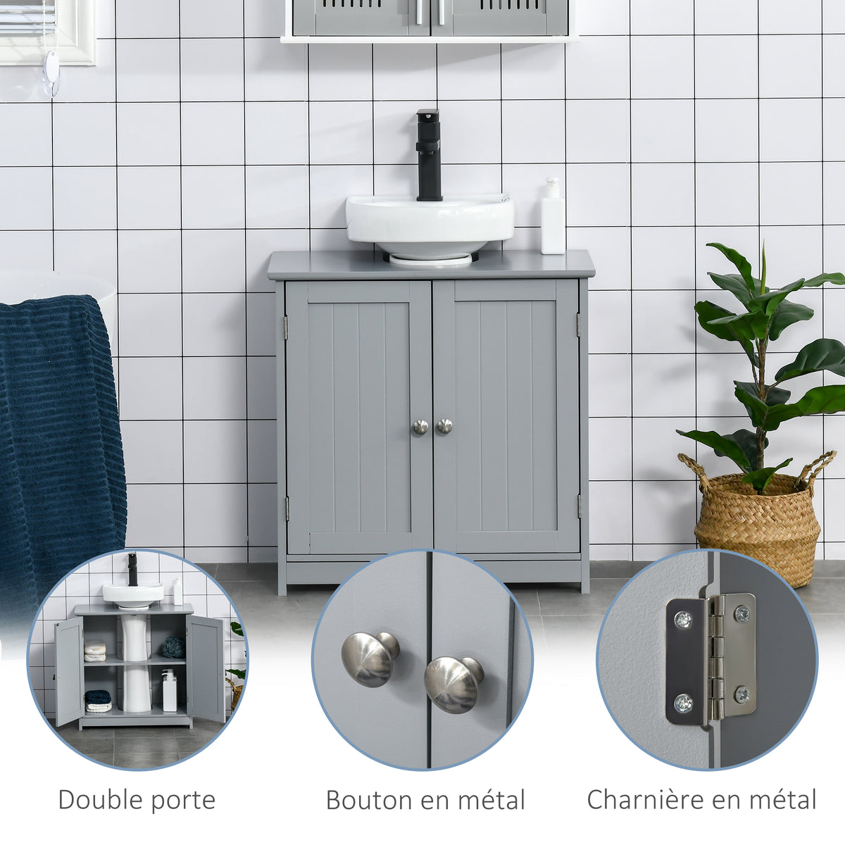 Meuble salle de bain sous lavabo - meuble sous-vasque - placard 2 portes avec étagère 60L x 30l x 60H cm - en bois Gris-6