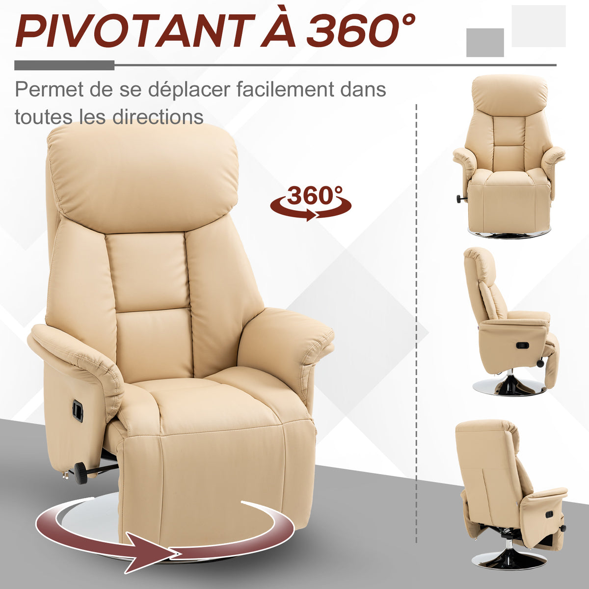 Fauteuil inclinable pivotant repose-pied réglable accoudoirs piètement acier chromé revêtement synthétique PU beige-4