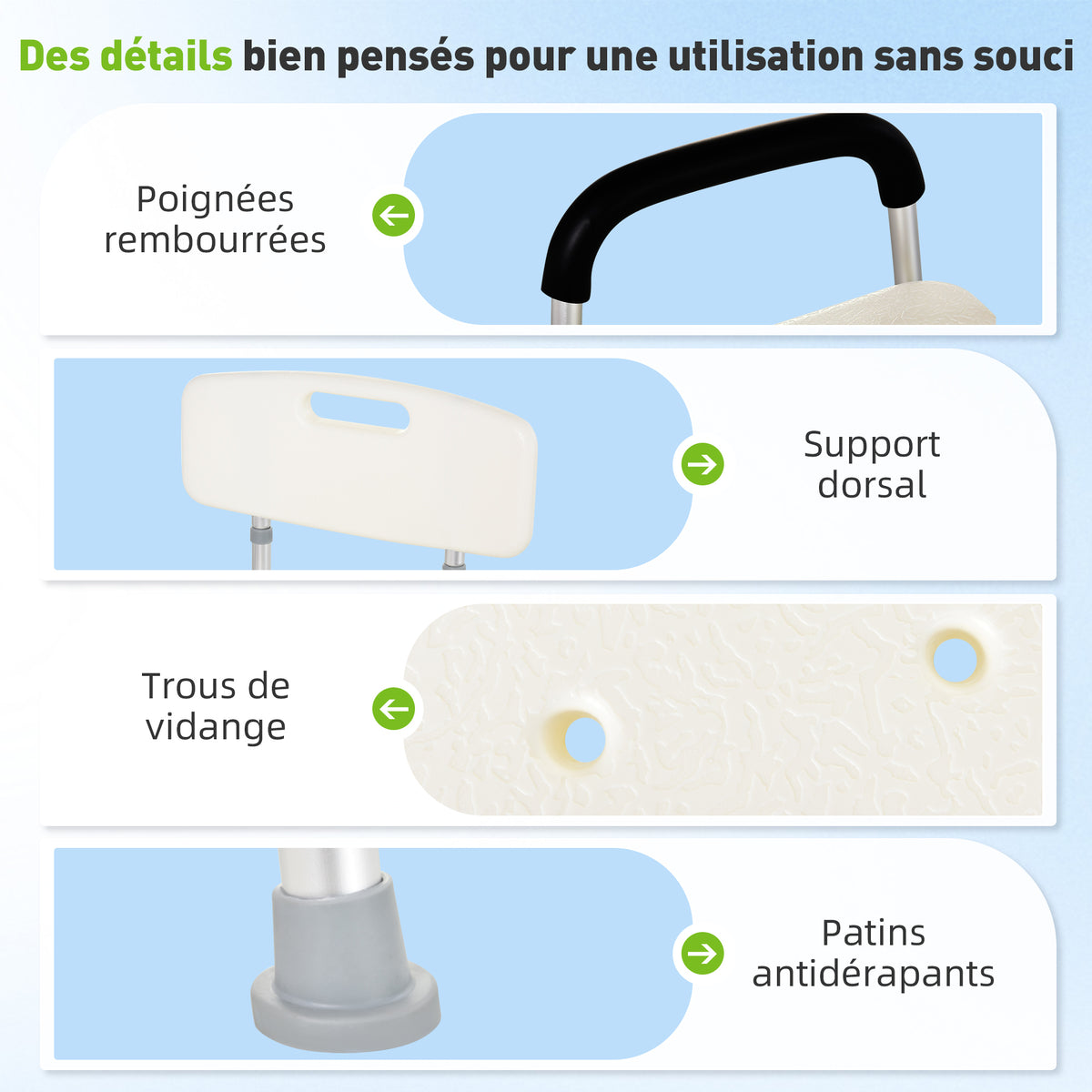 Chaise de Douche siège de Douche Ergonomique Hauteur réglable Pieds antidérapants Dossier accoudoirs Amovibles Charge Max. 136 Kg alu HDPE Blanc-4