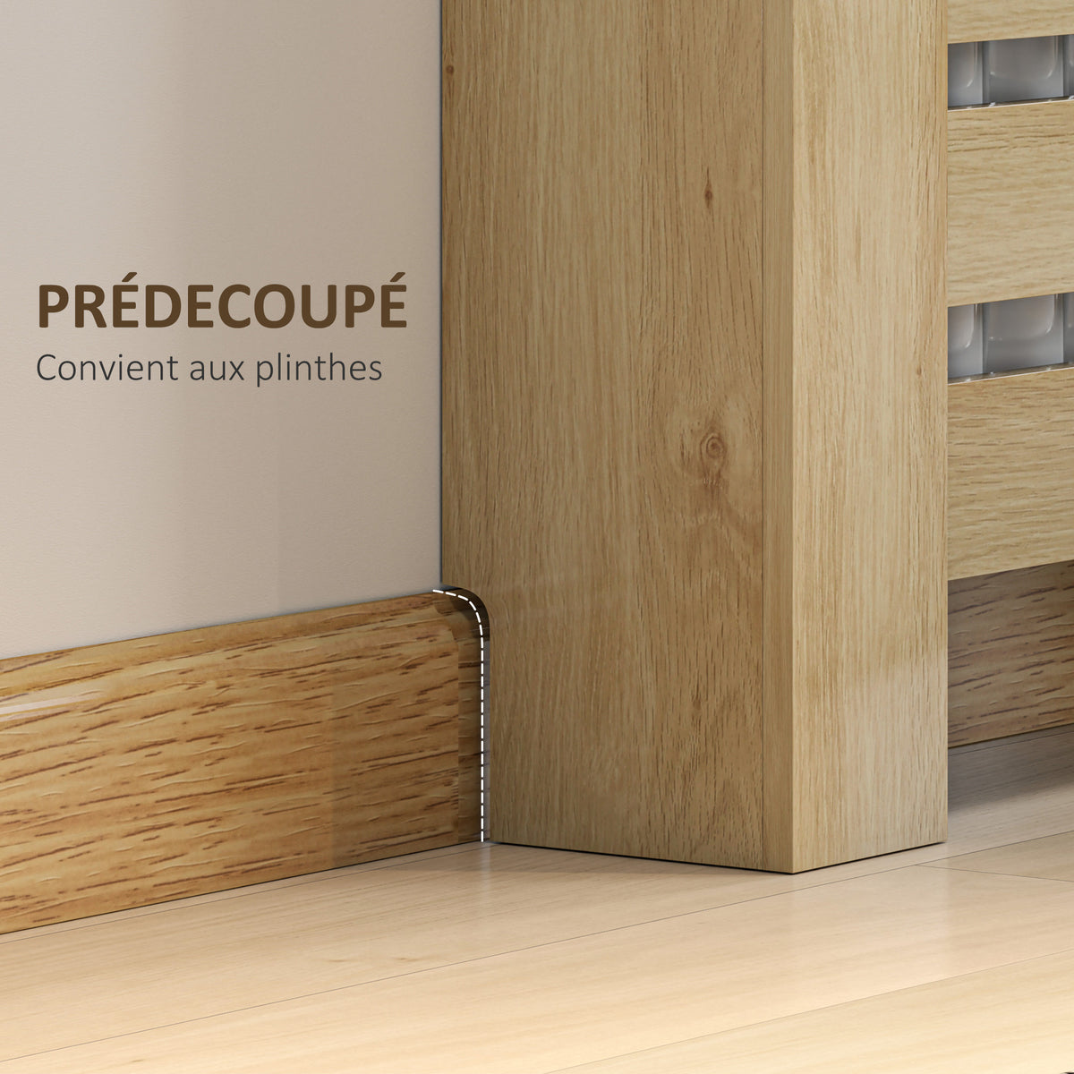 Couvercle de radiateur cache radiateur grille à lattes horizontales avec 2 tiroirs en bois 111l x 19P x 95,5H cm chêne-3