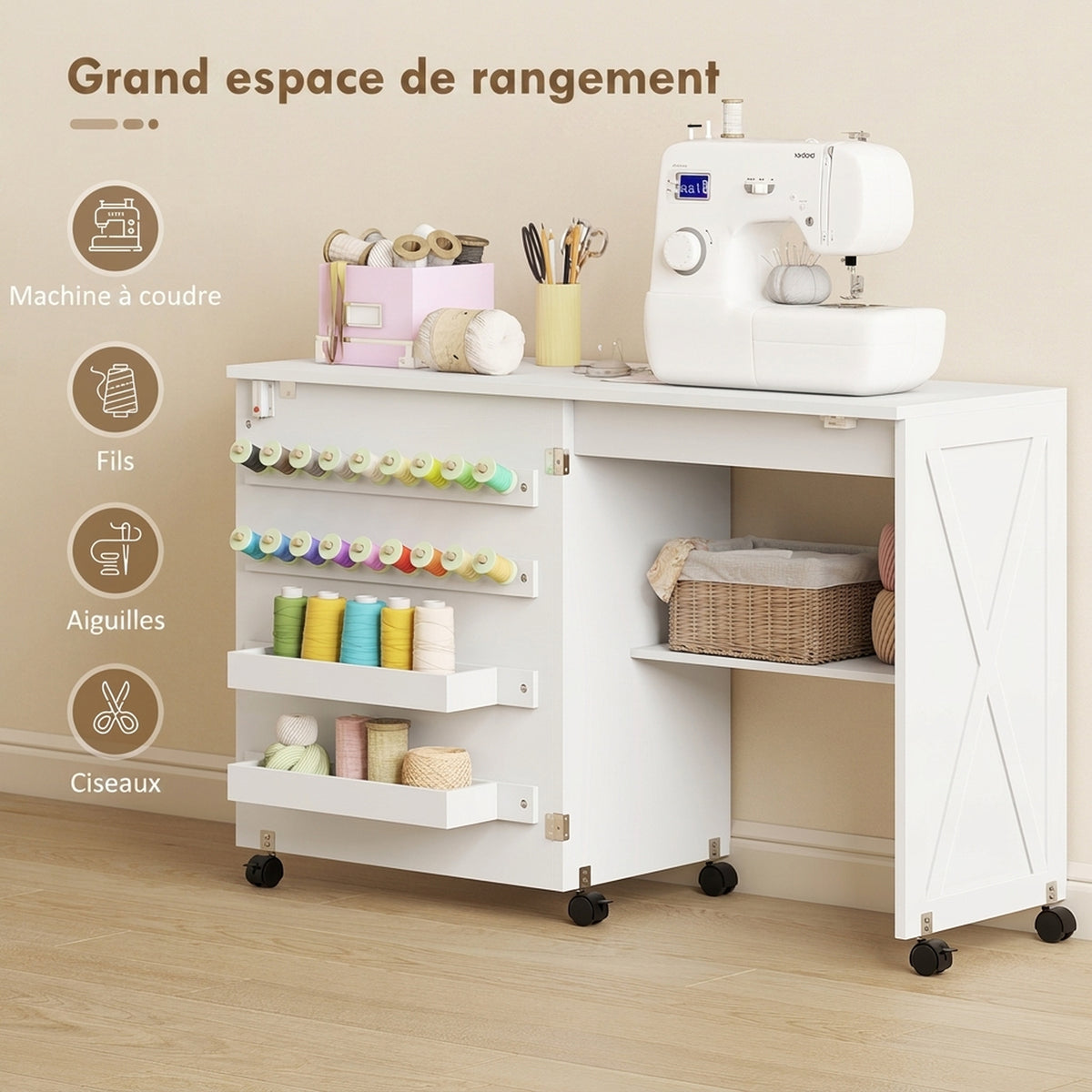 Table de Couture Pliante, Meuble Couture Roulant, Porte Magnétique de Grange, 2 Bacs, Étagère, 18 Chevilles, Blanc-3
