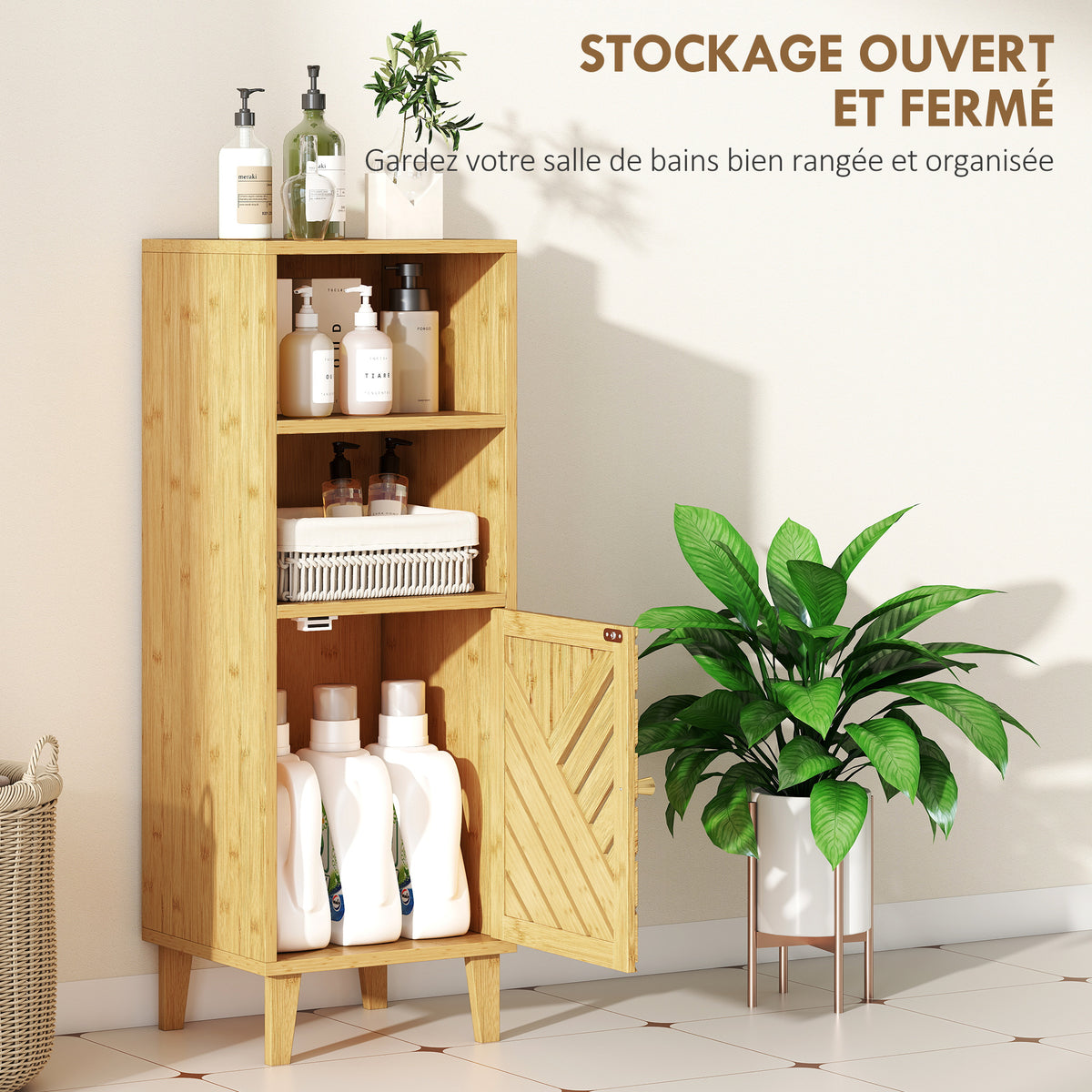 Meuble de salle de bain, meuble de rangement avec 1 placard, 2 compartiment ouvert, 32 x 30 x 90 cm, effet bois naturel-3