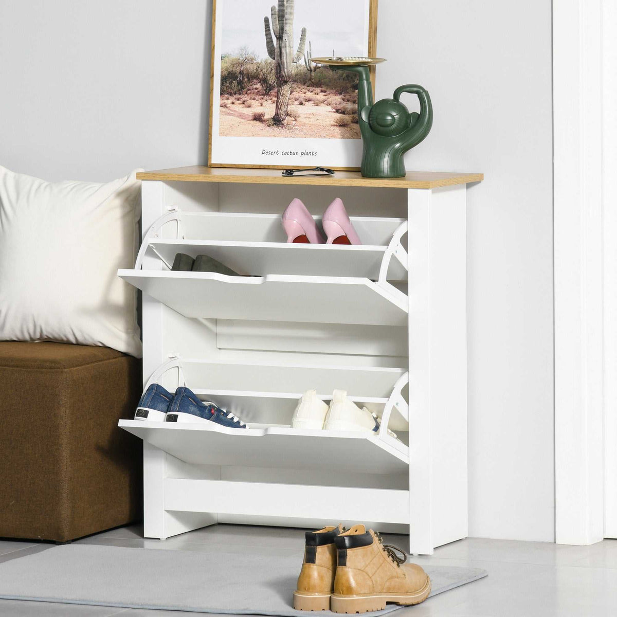 Meuble à chaussures 12 paires, armoire à chaussures étroite avec 2 tiroirs rabattables et étagères réglables, style moderne, pour couloir, entrée, 72 x 26 x 80 cm, blanc et bois naturel-4