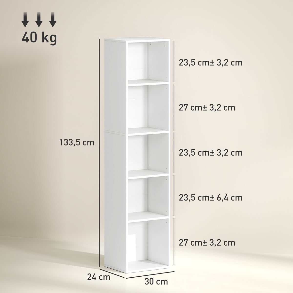 Bibliothèque étagère de rangement 5 niveaux avec étagères réglables pour salon, chambre, bureau, 30x24x133,5cm, blanc-2