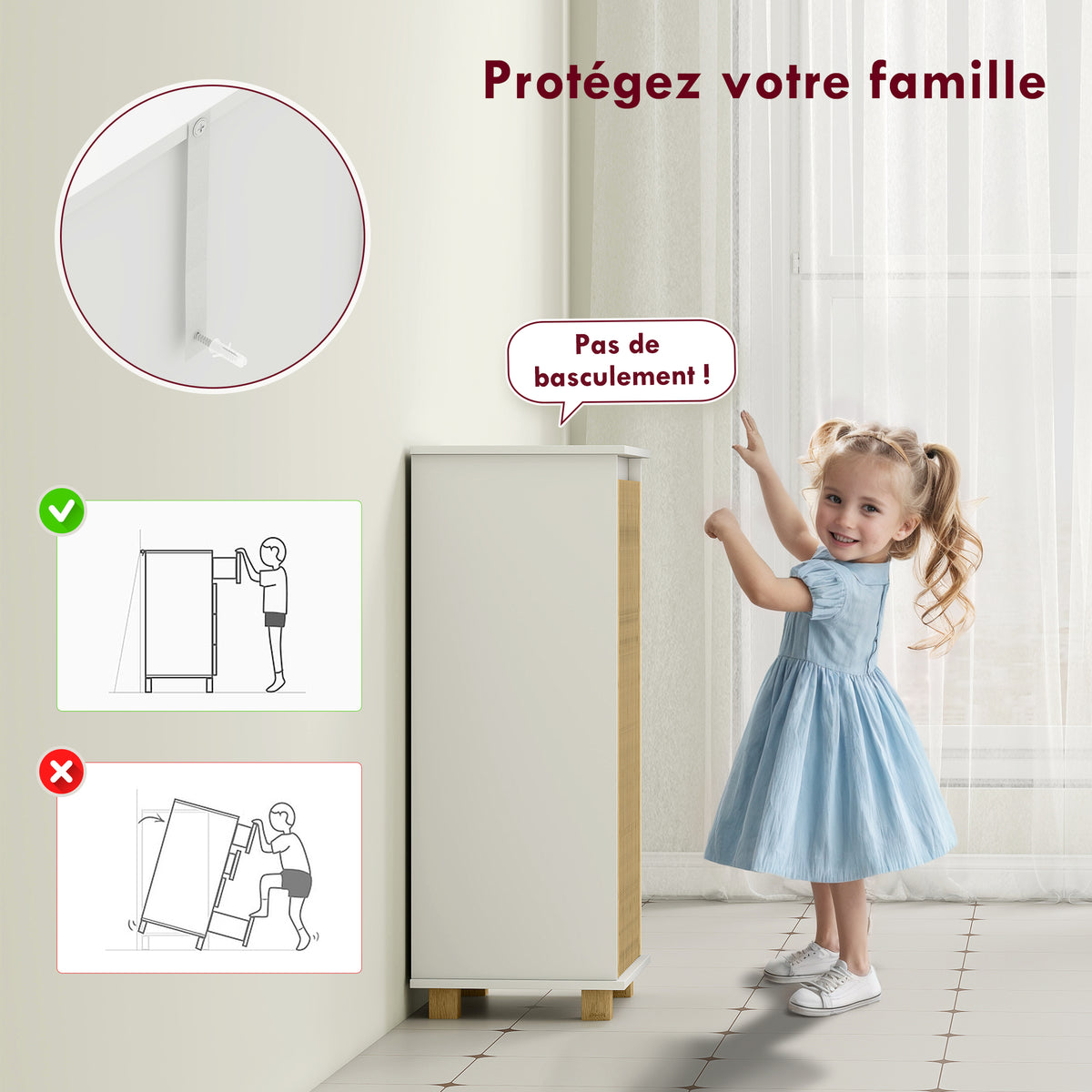 Meuble salle de bain avec panier à linge, porte à lattes en bambou et sac amovible, blanc et effet bois naturel-6