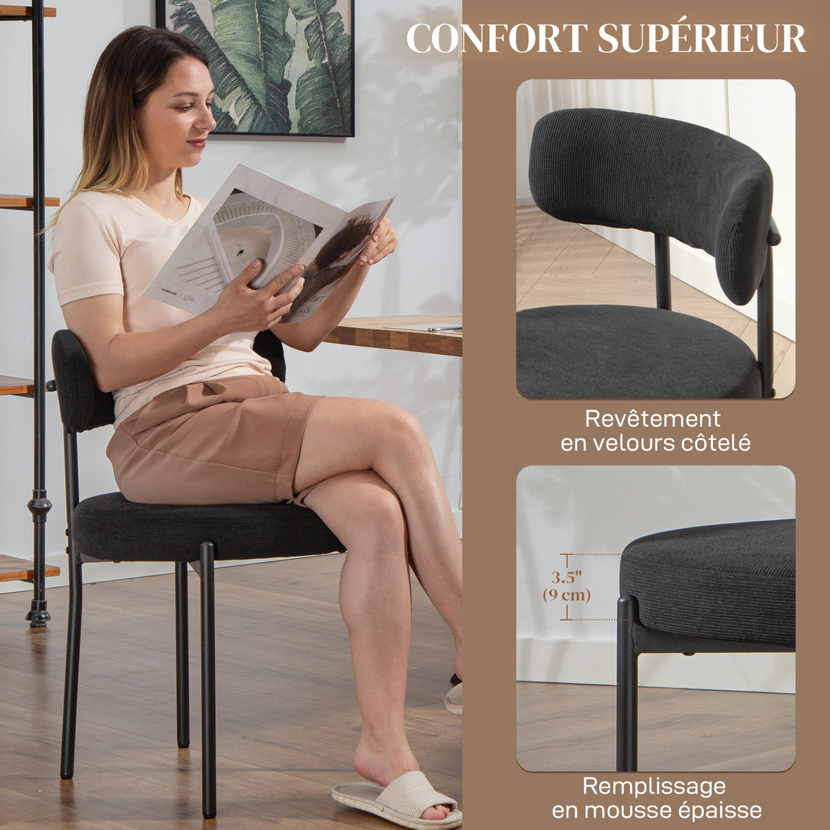 Lot de 4 chaises de salle à manger avec dossier en tissu pieds en acier 51 x 51 x 76 cm noir-4
