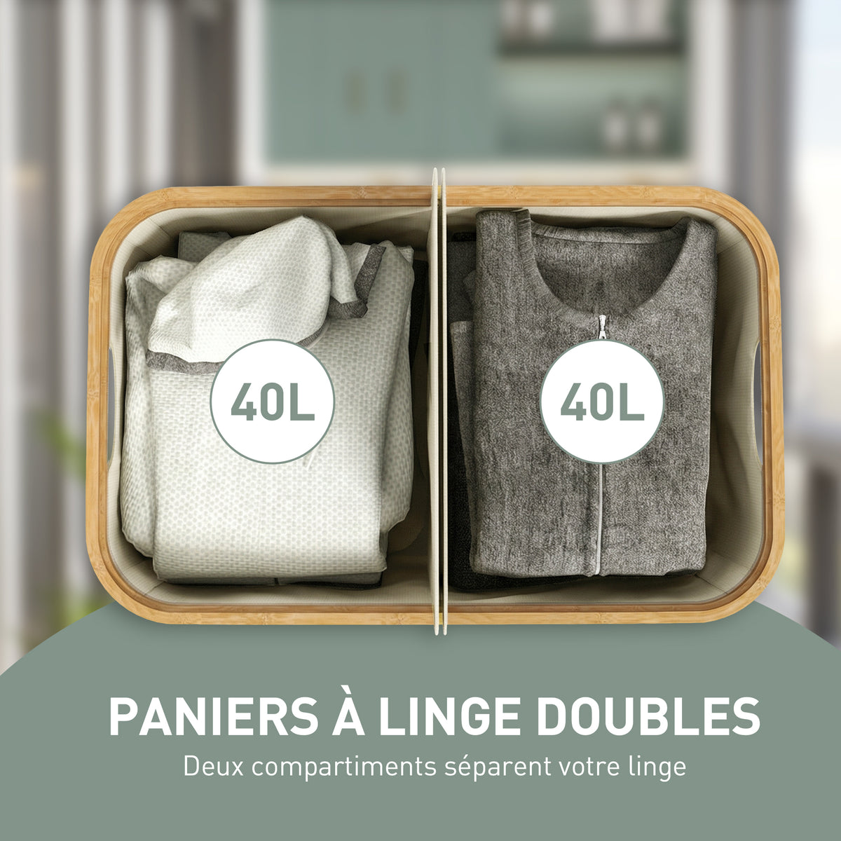 Panier à linge double pliable 80 L corbeille à linge sale avec couvercle, poignées rainurées, beige-3