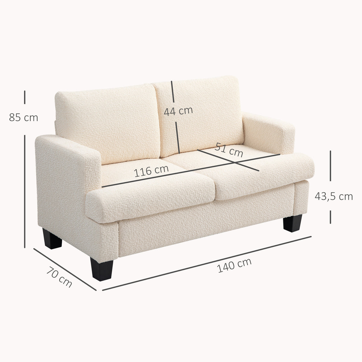Canapé 2 places 120 cm avec coussins de dossier amovibles, tissu chenille pour salon, chambre, bureau, beige-2