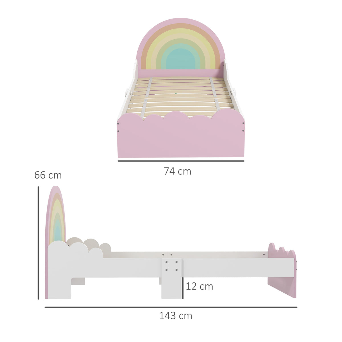 Lit pour enfants de 3 à 6 ans 143 x 74 x 66 cm design arc-en-ciel sommier à lattes inclus chambre moderne rose-2