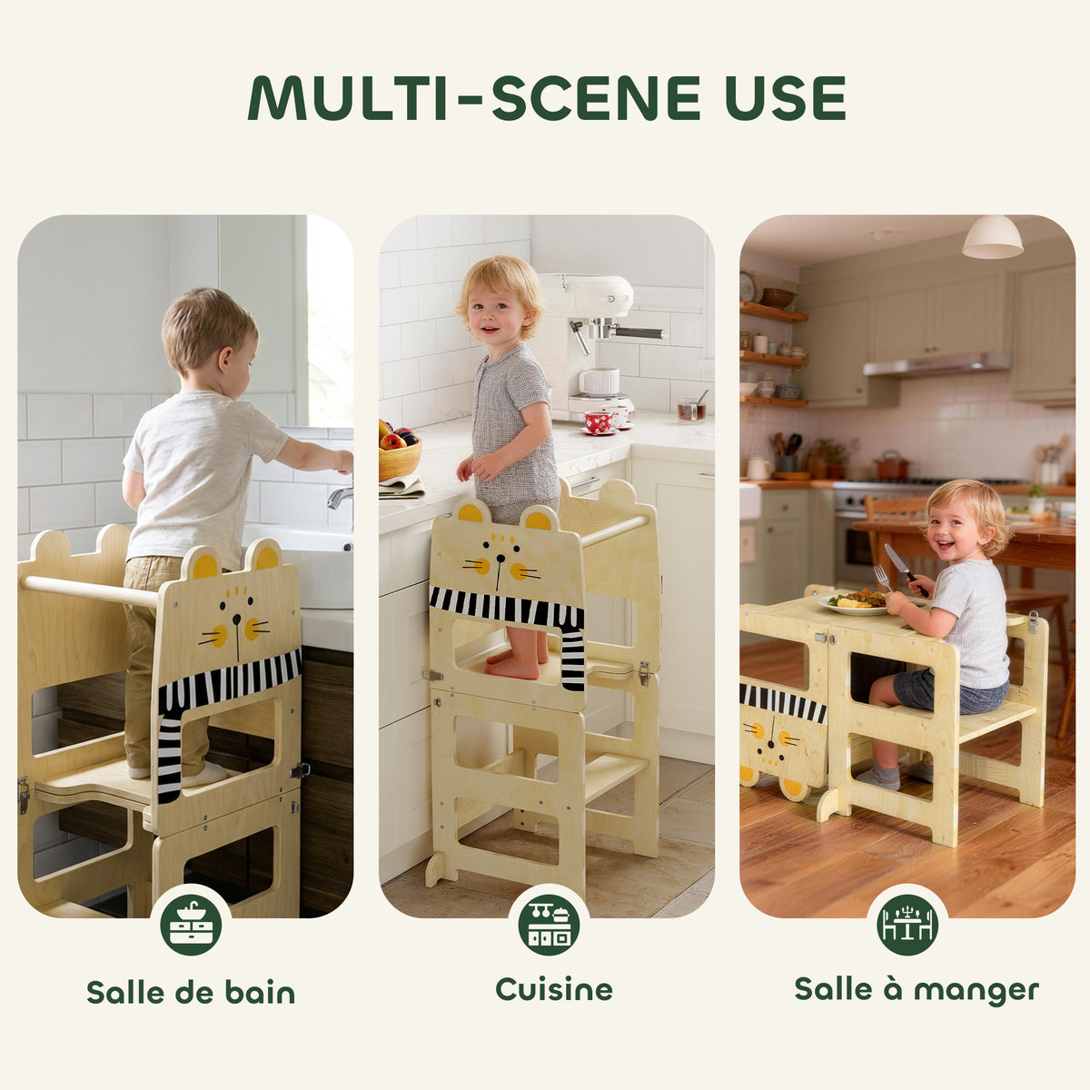 Tour d'Apprentissage Enfant 3 en 1, Tour d'Observation Enfant Pliable avec Tableau Noir, Motif Chat, Naturel-5