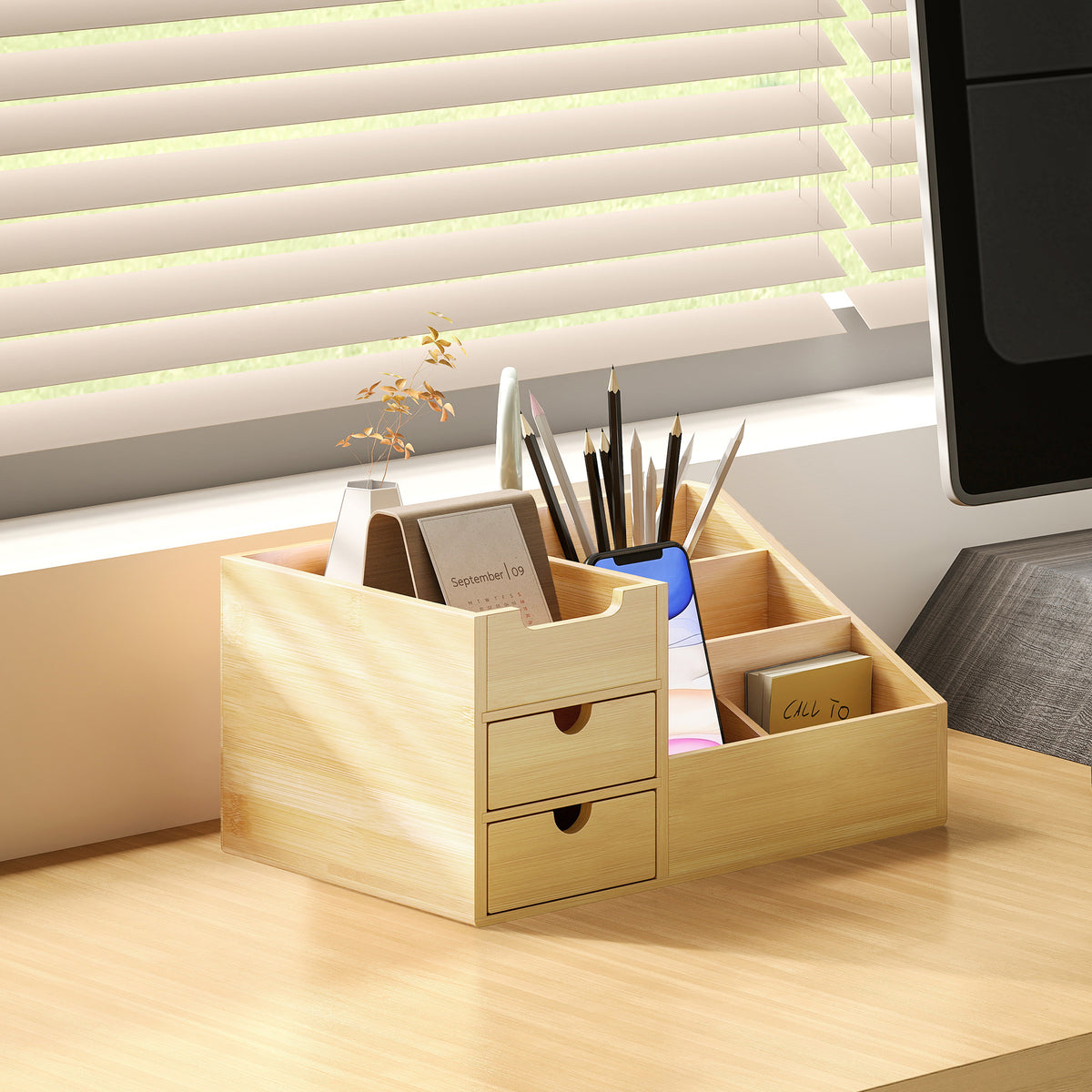 Boite de Rangement de Bureau - Organiseur de Bureau - 7 Compartiments, 2 tiroirs - Bambou Verni, Bambou-1