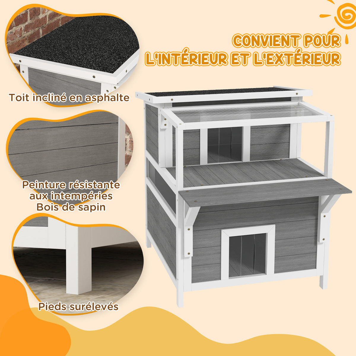 Maison pour chats 2 niveaux avec balcon abrité, toit ouvrable, extérieur, intérieur, gris clair-3