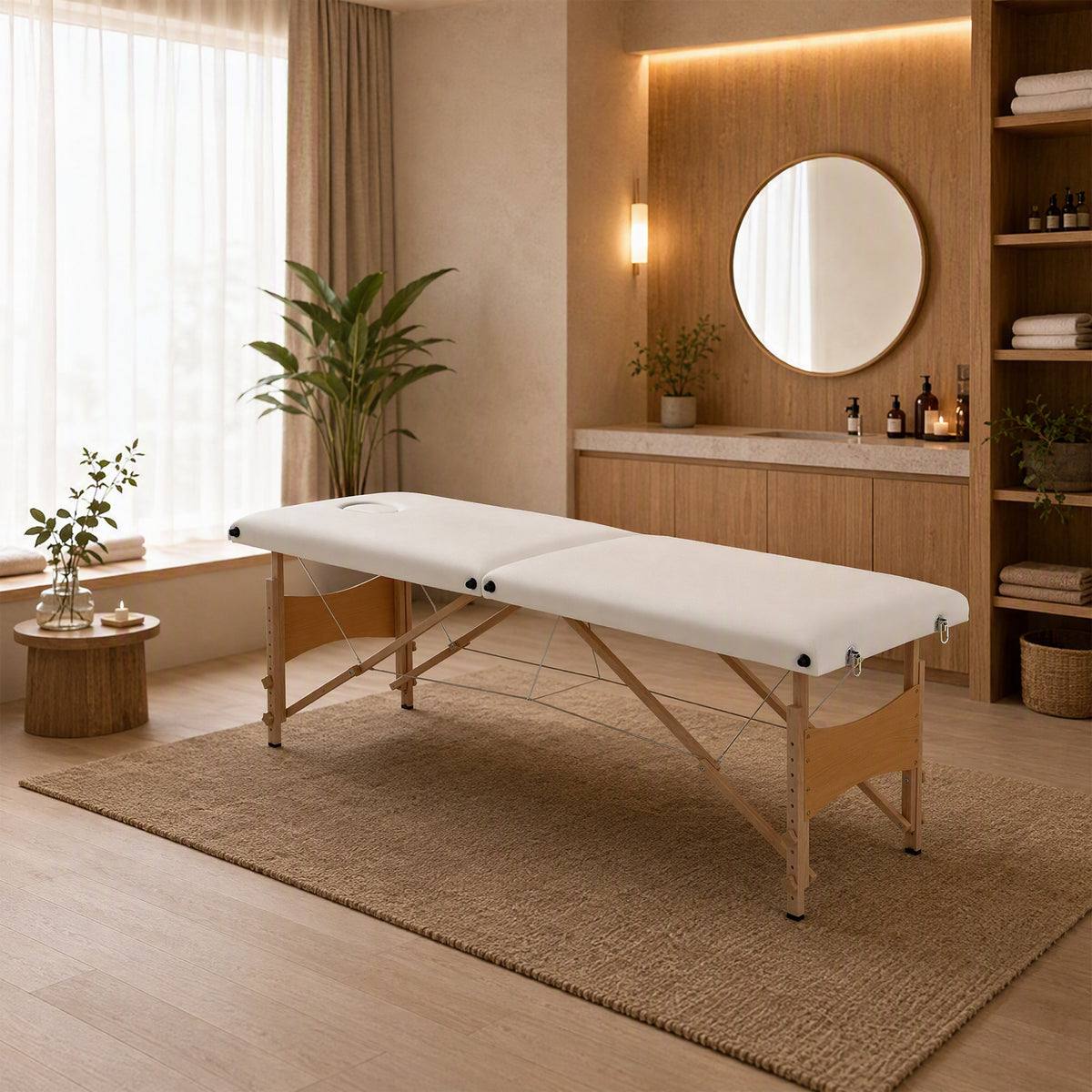Table de massage pliante, lit de massage 2 zones, hauteur réglable, oreiller facial amovible, 186 x 60 x 61-87 cm, crème-7