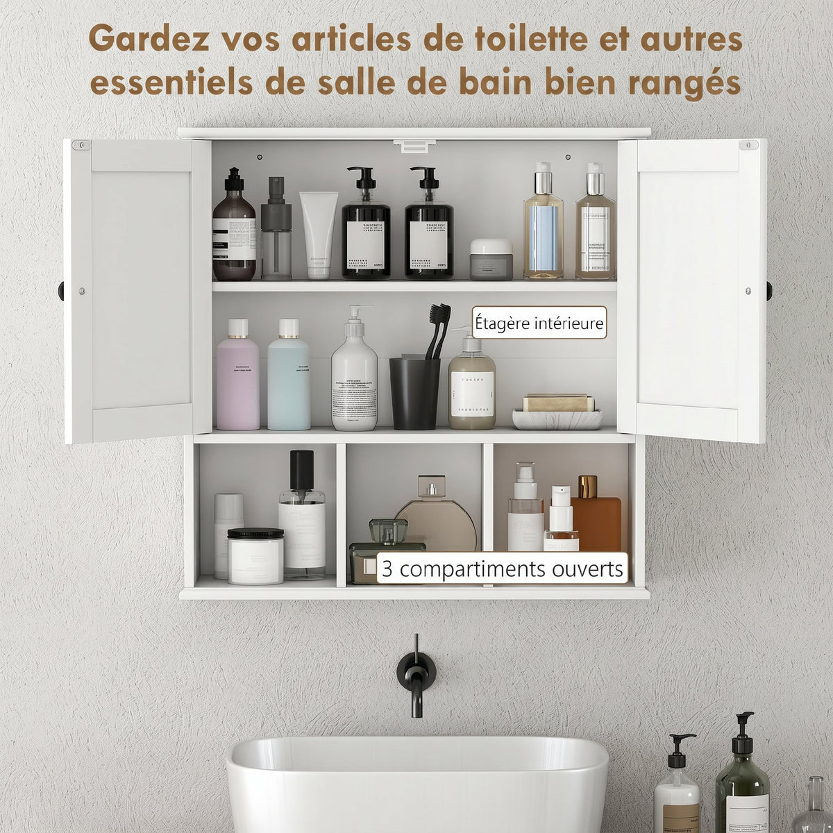 Armoire murale de salle de bain, meuble de rangement avec 2 portes, étagère réglable et compartiments ouverts, blanc-4