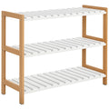Étagère à chaussures à 3 niveaux, porte-chaussures en bois de pin avec 3 étagères à lattes, pour salon, entrée, 70 x 26 x 57,5 cm, blanc et effet bois naturel-0