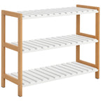 Étagère à chaussures à 3 niveaux, porte-chaussures en bois de pin avec 3 étagères à lattes, pour salon, entrée, 70 x 26 x 57,5 cm, blanc et effet bois naturel-0