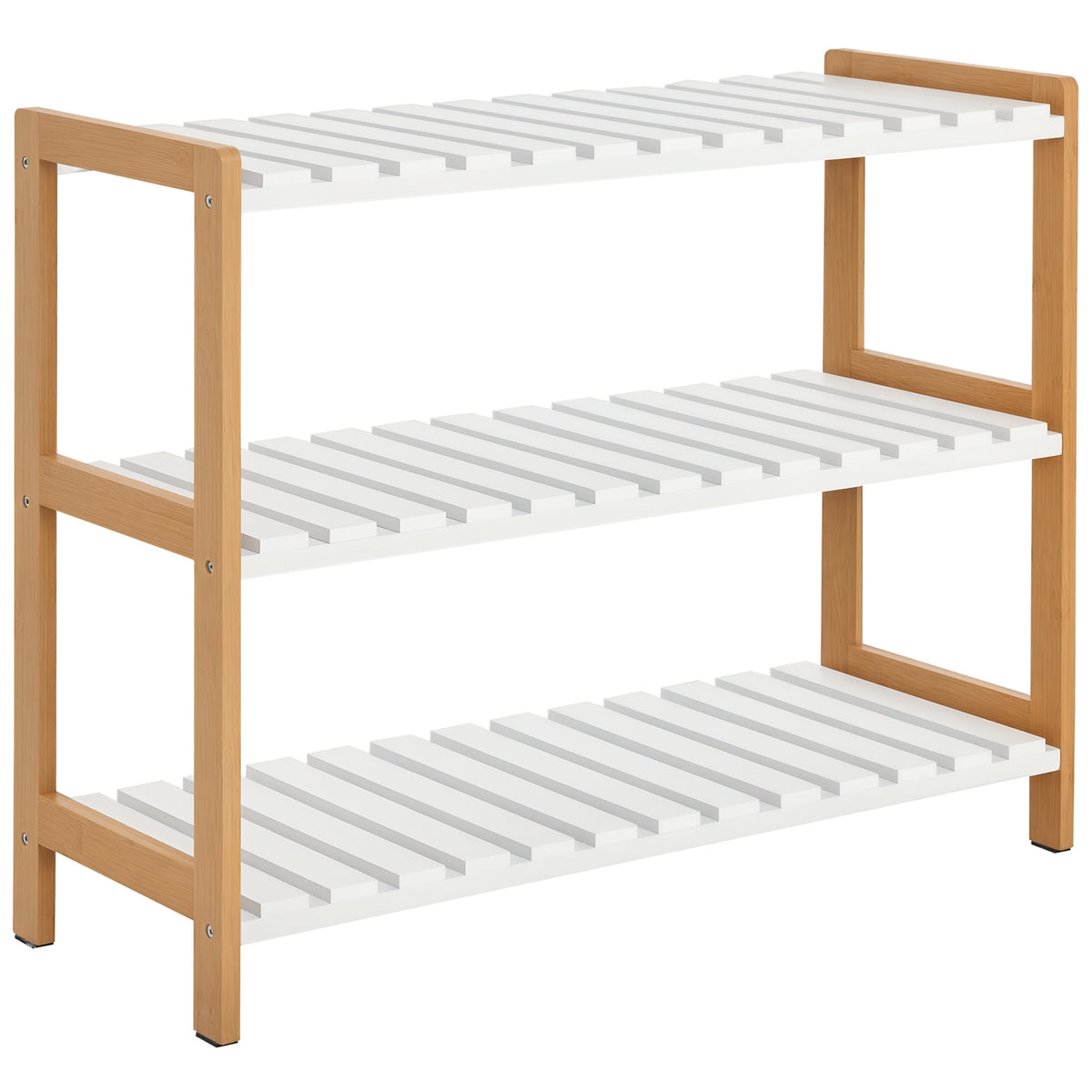 Étagère à chaussures à 3 niveaux, porte-chaussures en bois de pin avec 3 étagères à lattes, pour salon, entrée, 70 x 26 x 57,5 cm, blanc et effet bois naturel-0