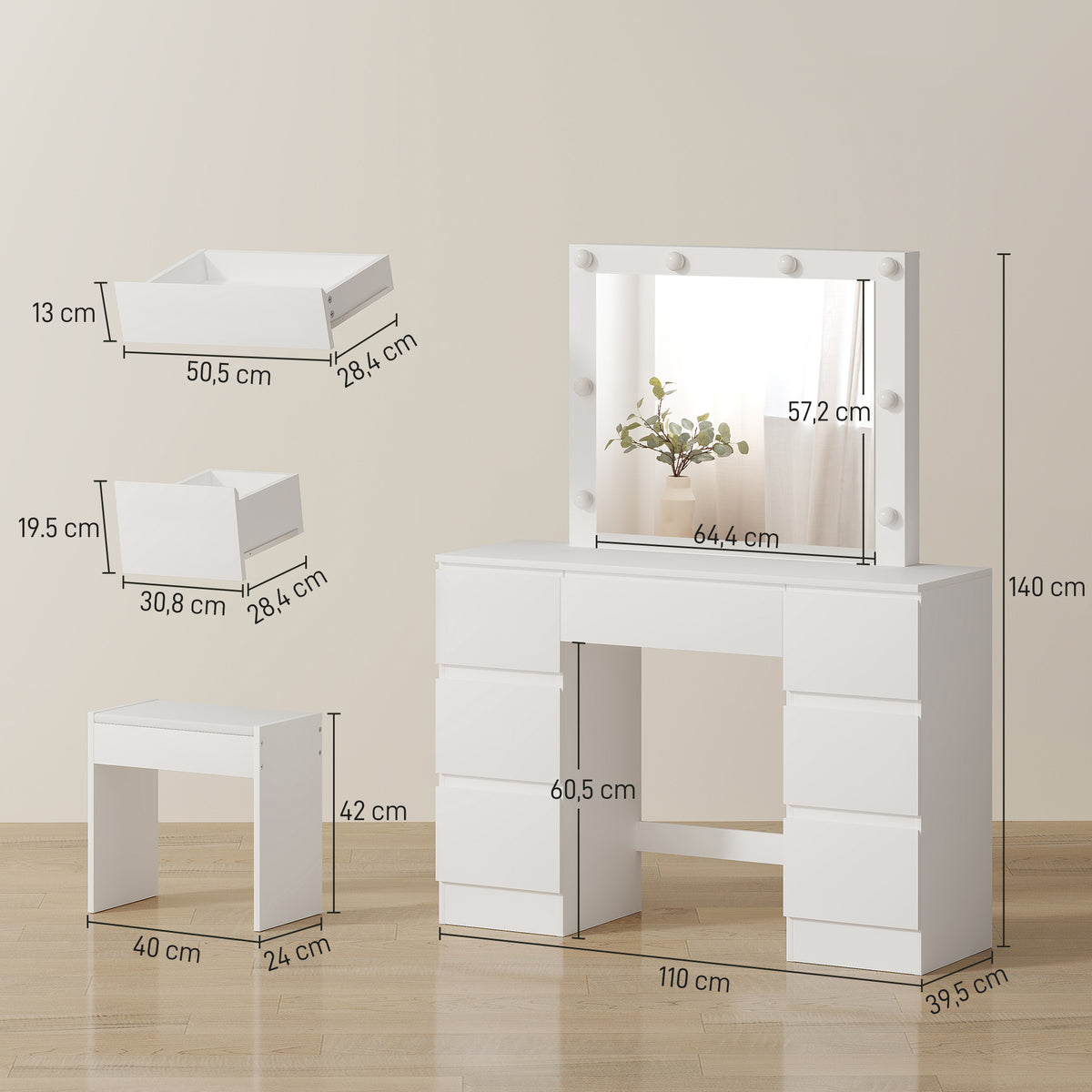 Coiffeuse avec miroir et tabouret table de maquillage avec miroir LED tabouret rembourré 7 tiroirs 110x39,5x140cm blanc-2