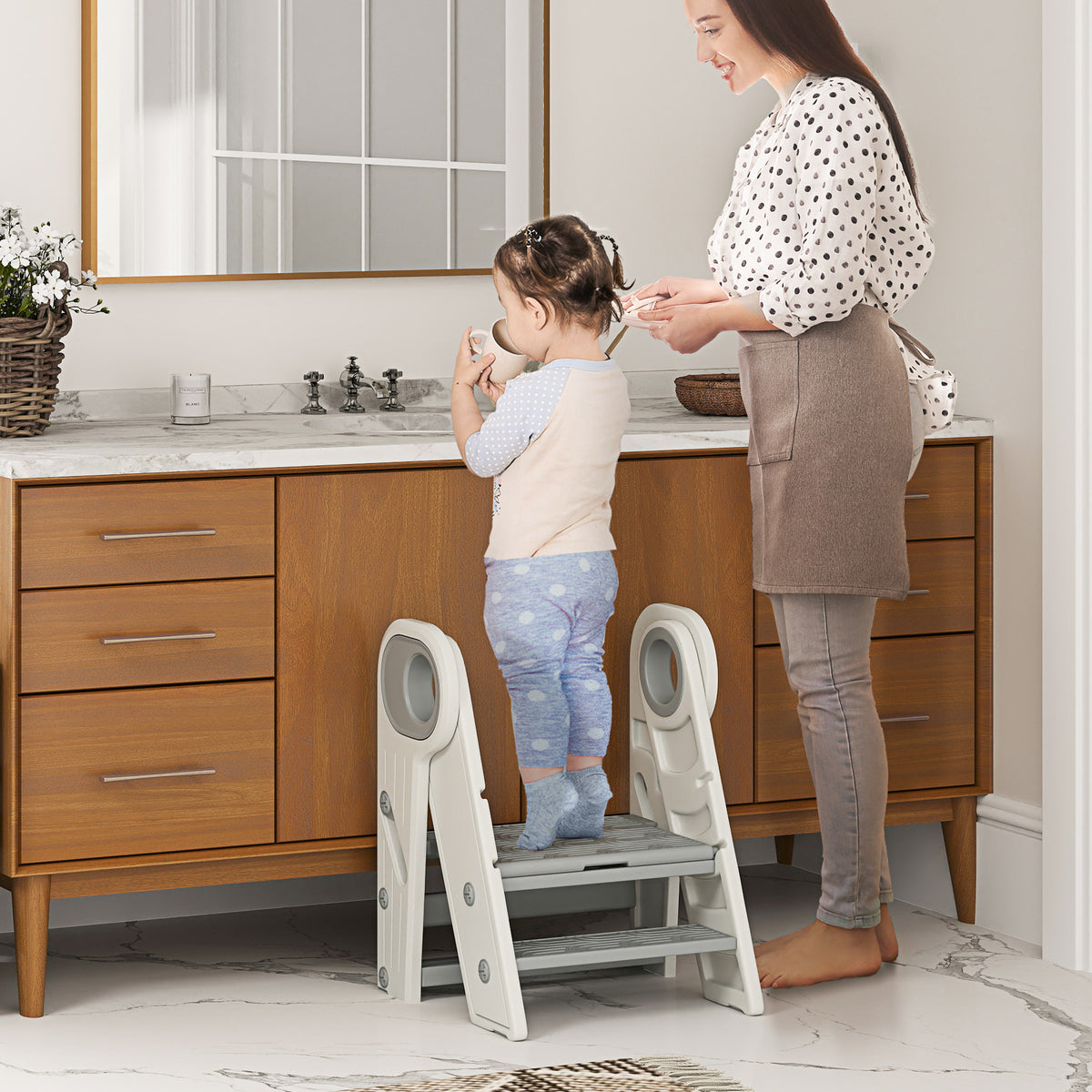 Marche pied pour enfant 3 marches, marchepied de cuisine pour enfant, pliable, hauteur ajustable de 2 à 3 marches, gris-1