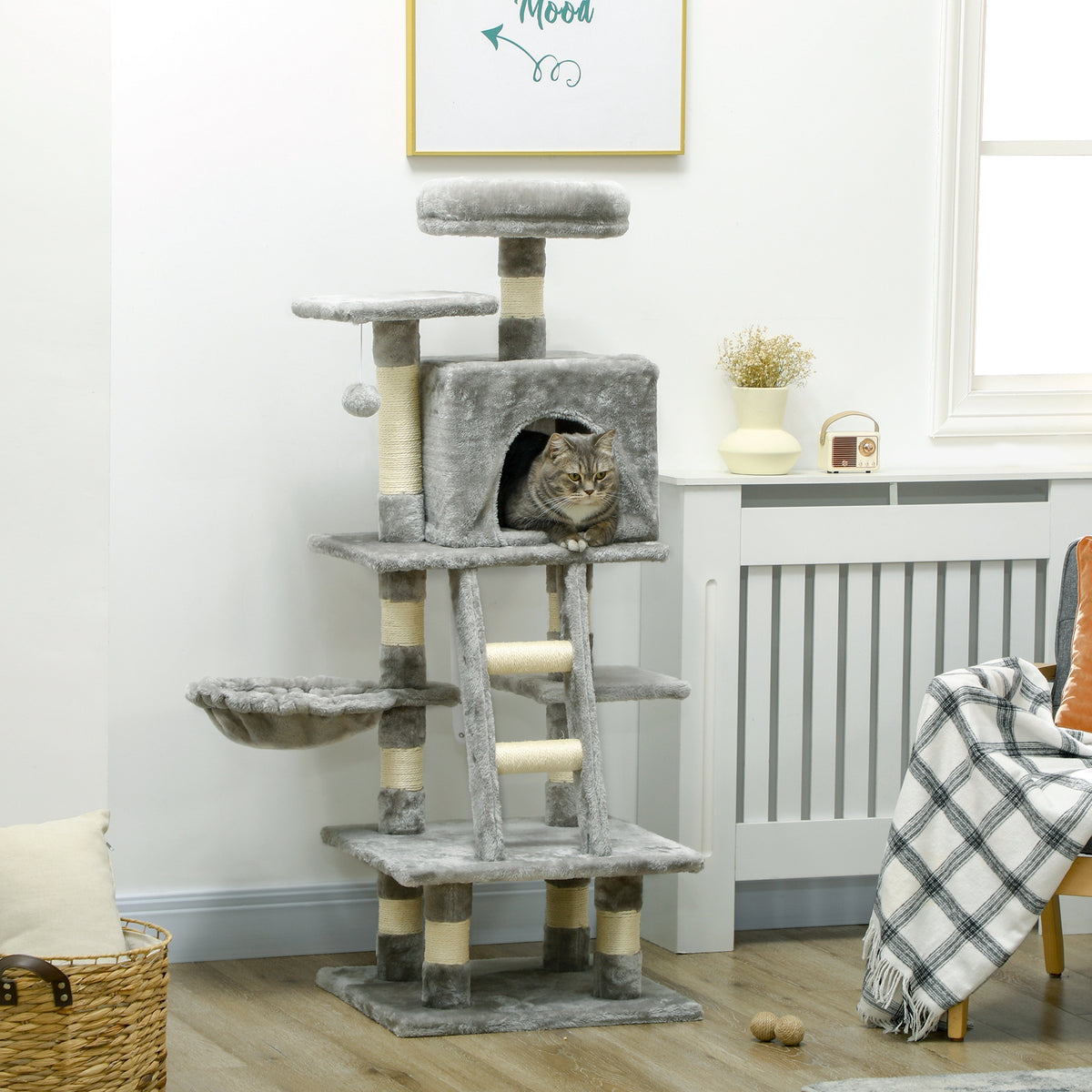 Arbre à chats multi-équipements griffoirs grattoirs niches plate-formes + échelle + hamac+ boule suspendue gris-1