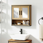 Armoire murale salle de bain avec miroir, meuble salle de bain avec compartiment ouvert et étagère réglable, chêne-1
