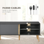 Meuble TV pour télévision jusqu'à 55 pouces scandinave 2 portes 2 niches avec passe-câbles 150 x 35 x 45 cm gris foncé-4