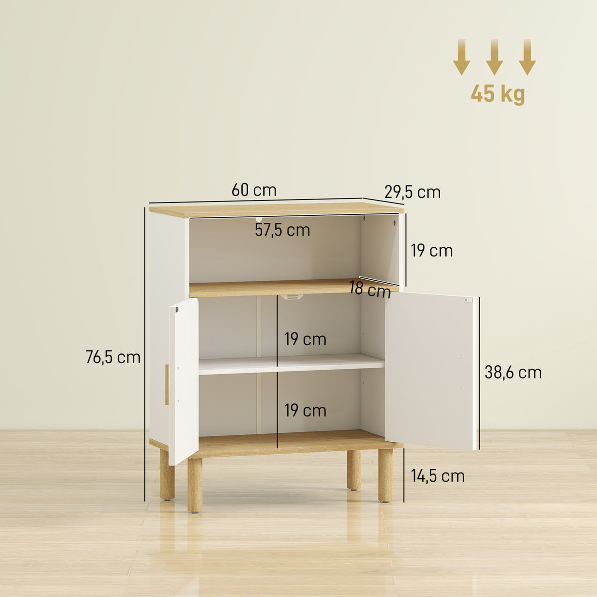 Meuble de salle de bain, meuble de rangement avec 2 portes, compartiment ouvert, étagère réglable, 60x29,5x76,5cm, blanc-2