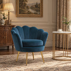Fauteuil salon fauteuil en velours fauteuil coquillage avec pieds en métal doré pour chambre à coucher, bleu-9