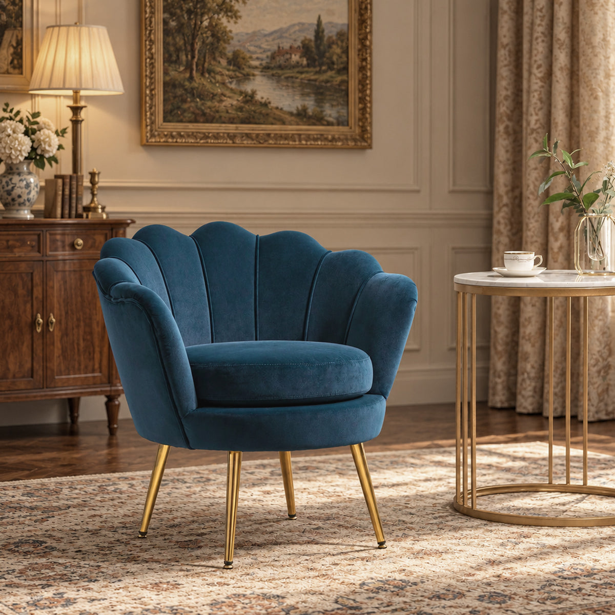 Fauteuil salon fauteuil en velours fauteuil coquillage avec pieds en métal doré pour chambre à coucher, bleu-9