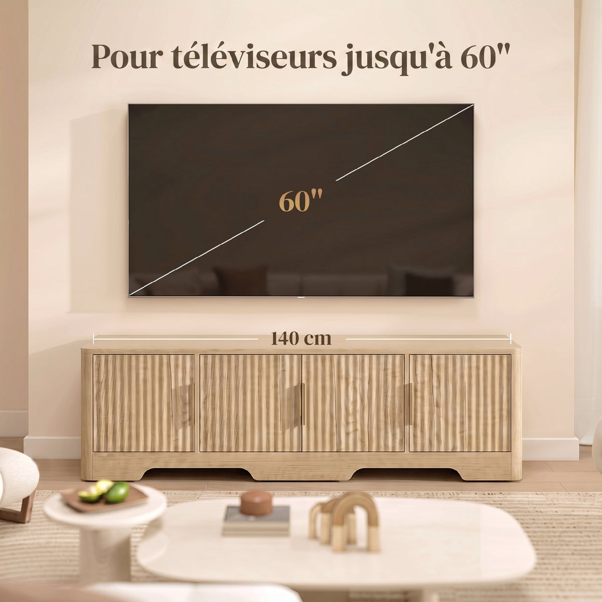 Meuble TV 140 cm, Meuble Télé pour Téléviseur jusqu'à 60 Pouces, 4 Portes Cannelées et Étagères Réglables, Chêne-4