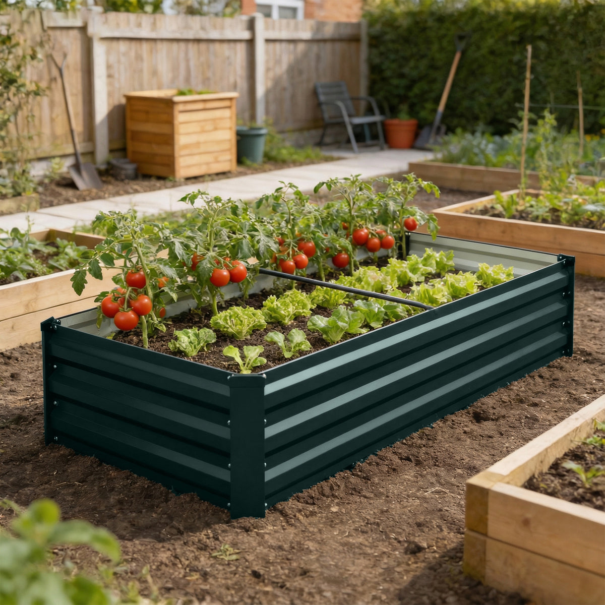 Jardinière rectangulaire potager de jardin en acier galvanisé bordure de sécurité et fond ouvert 150x70x30cm vert-1