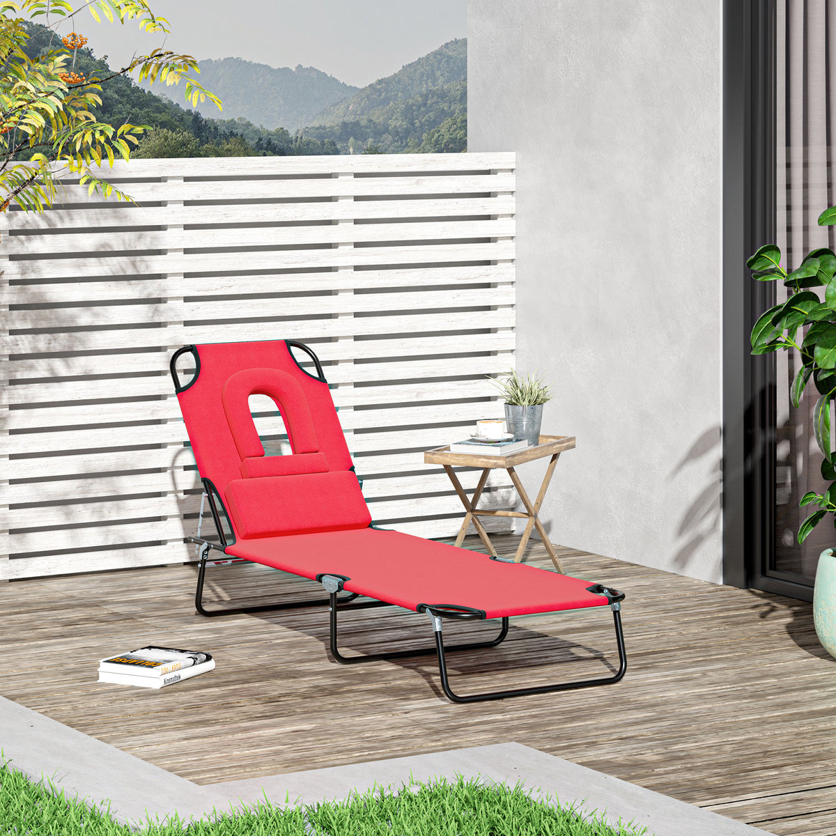 Bain de Soleil Pliable transat inclinable 4 Positions Chaise Longue 3 Coussins fournis Rouge-1
