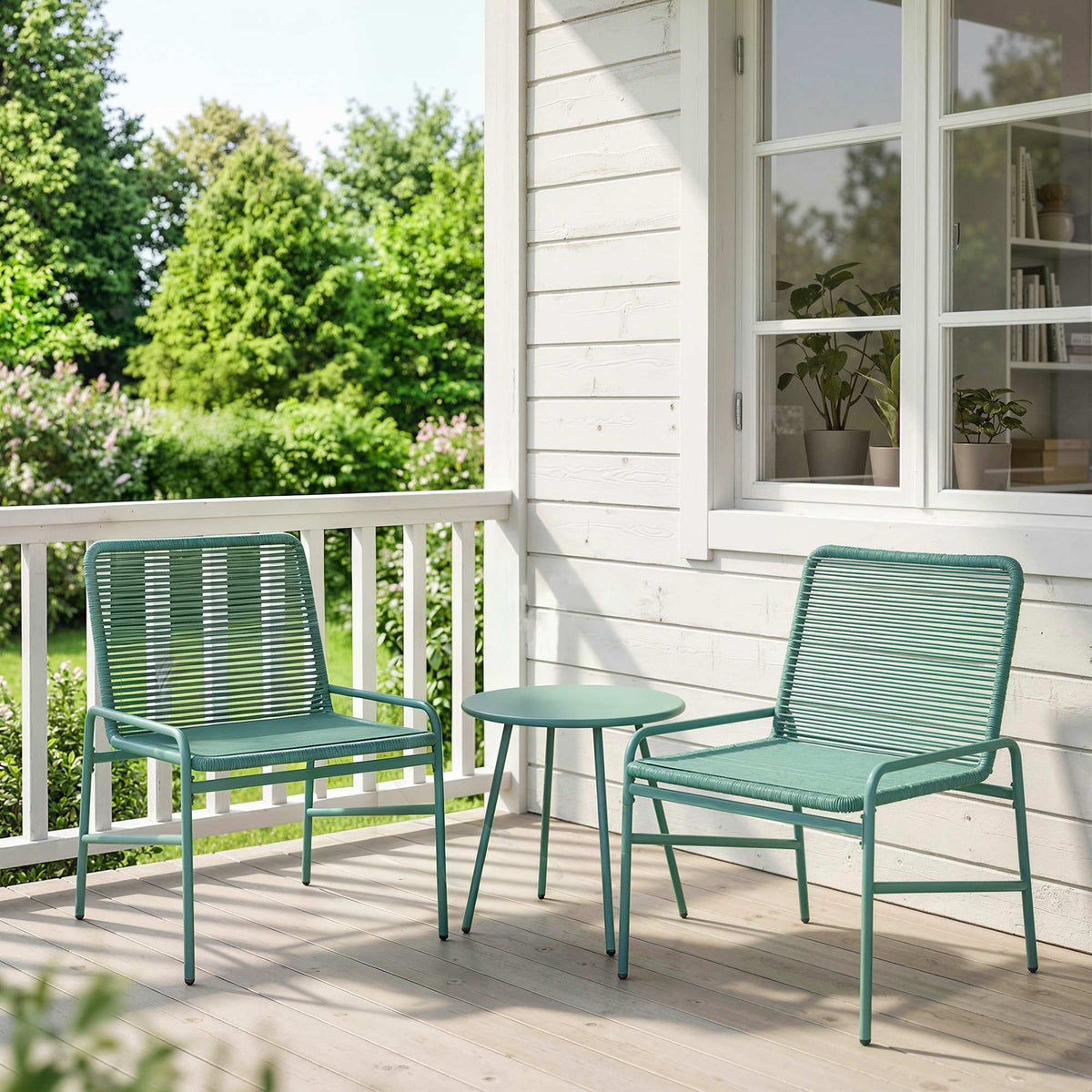 Salon de Jardin Extérieur 3 Pièces en Résine Tressée et Acier, Table de Jardin Ronde avec 2 Chaises, 58x67x75cm, Vert-1