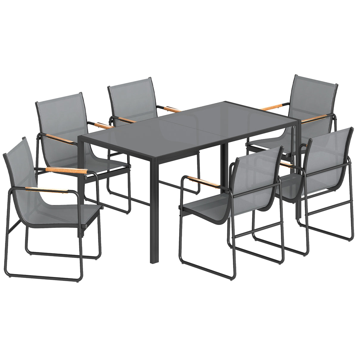 Ensemble de Salle à Manger d'Extérieur 7 Pièces pour 6 Personnes, Table en Verre et Chaises en Maille avec Accoudoirs Décoratifs, Gris-0
