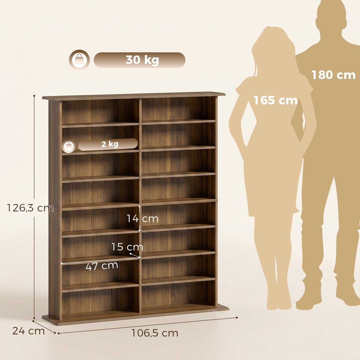 Rangements pour CD et DVD avec 16 compartiments et 12 étagères réglables capacité max. 720 CD/396 DVD et Blu-ray noyer-2