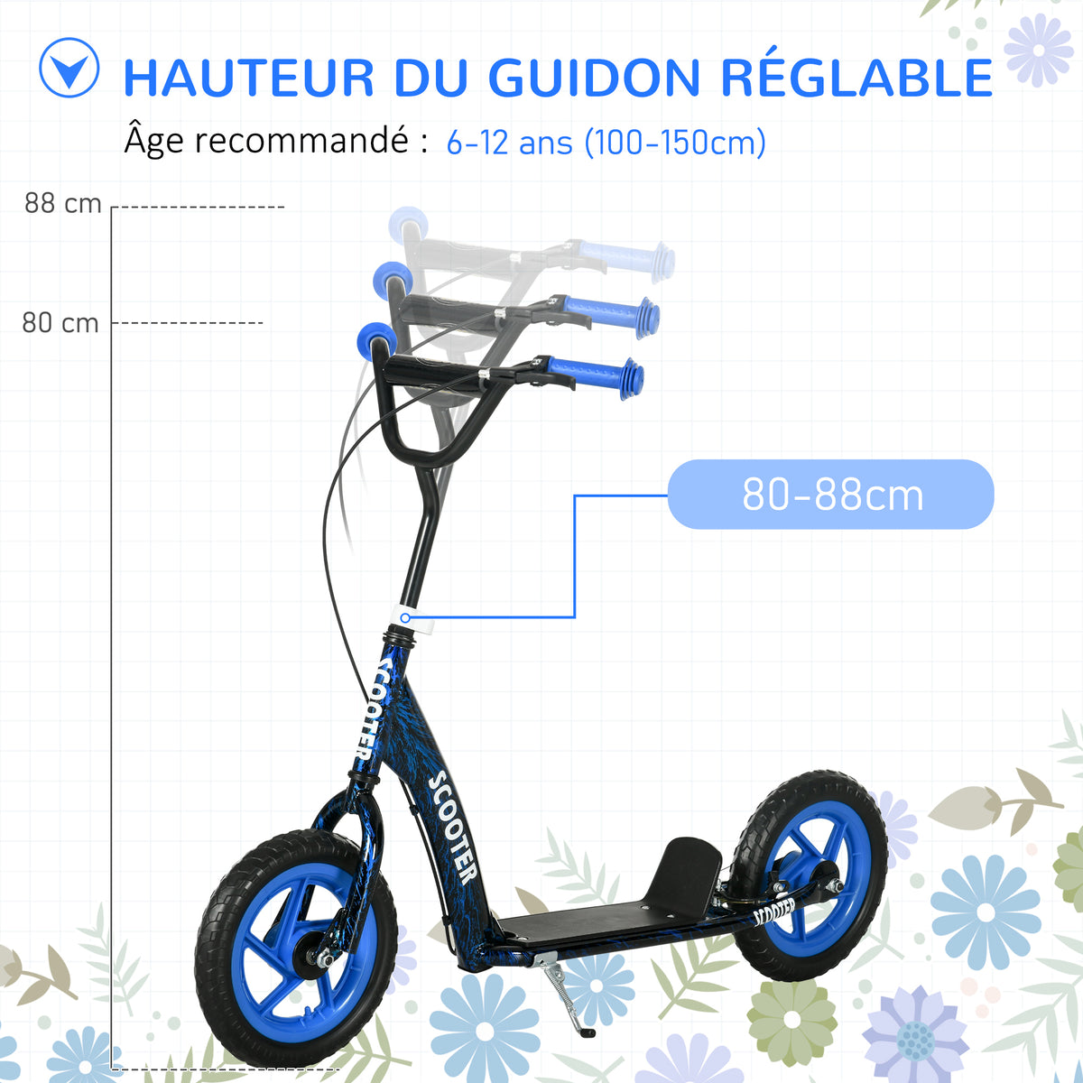 Trottinette patinette scooter enfant grandes roues de 6 à 12 ans hauteur réglable frein arrière béquille bleu-3