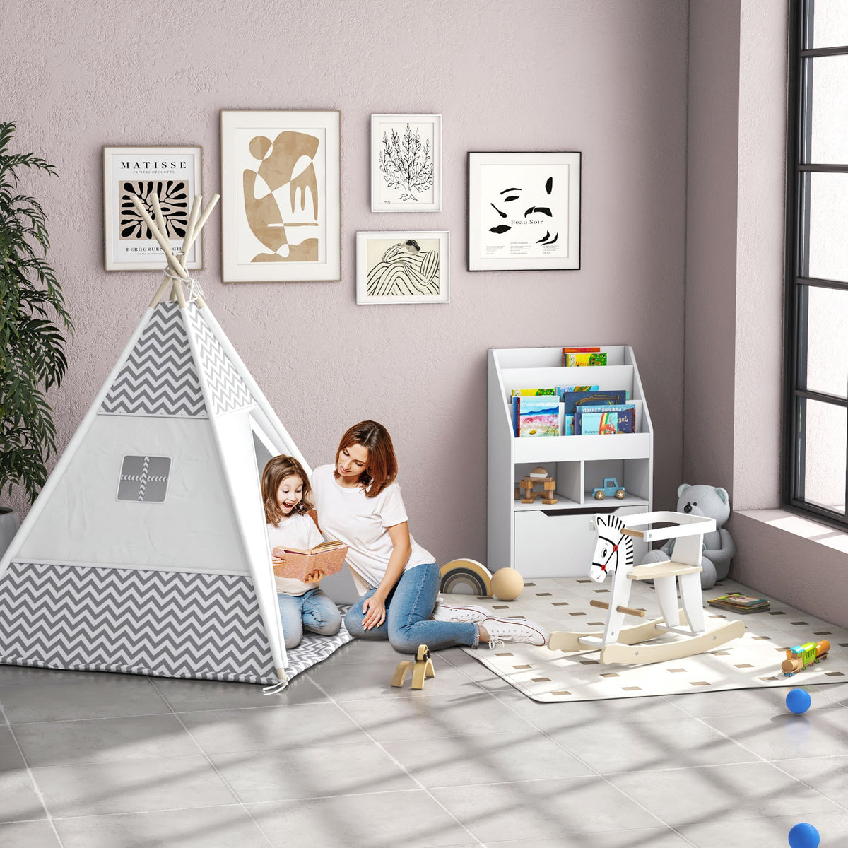 Tente Teepee Indien Tente de jeu pour Enfant Style Graphique - dim. 1,2L x 1,2I x 1,55H m - Porte refermable Fenêtre Tapis Coussin Sac Transport Inclus - à l'Intérieur à l'Extérieur Gris Blanc-1