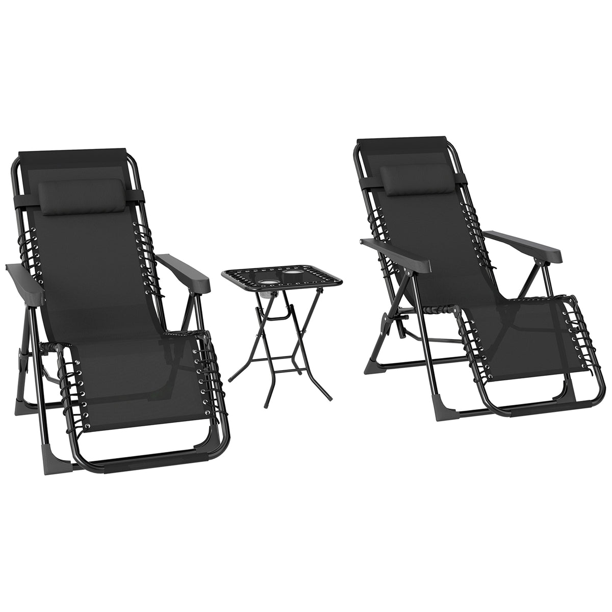 Lot de 2 chaise longue pliable et inclinable avec table d'appoint, porte-gobelets et appuie-têtes, charge 120 kg, noir-0
