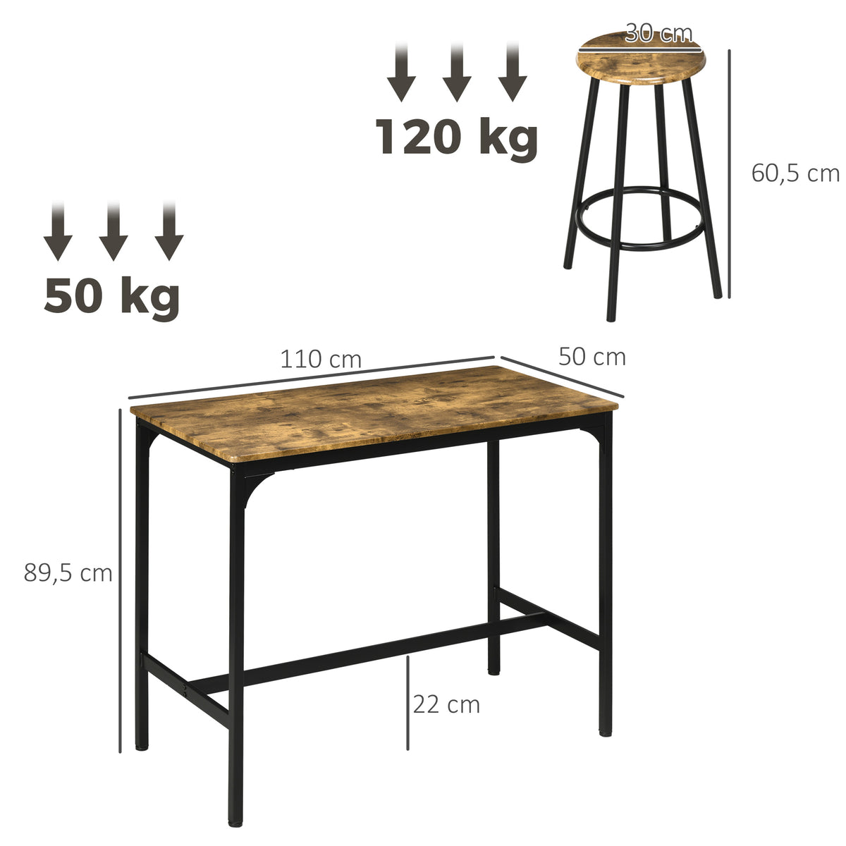Ensemble table haute et 4 tabourets avec Repose-Pieds, métal noir et aspect bois pour cuisine salle à manger-2
