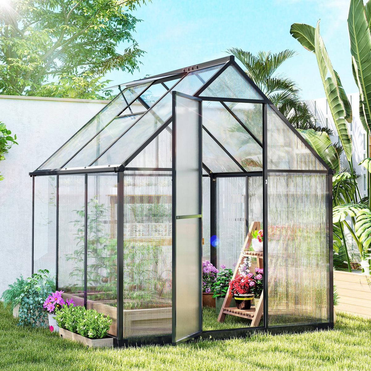 Serre de Jardin en Aluminium Polycarbonate, Montage Rapide, Fenêtre Réglable, Porte Battante, 178x168x195cm, Transparent-1