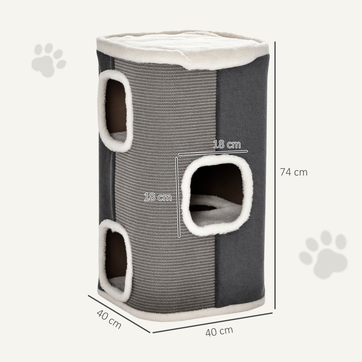 Tonneau à Gratter pour Chat 3 Niveaux en Peluche et Sisal, 3 Zones, 2 Grands Trous Interconnectés, 40x40x74cm, Gris-2