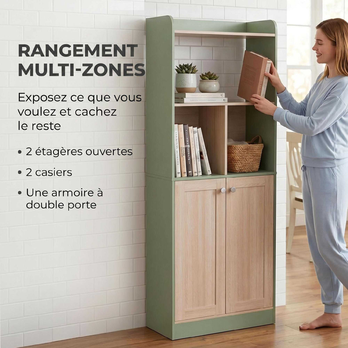 Bibliothèque à 5 niveaux, meuble de rangement, étagère à livres avec 2 portes, 60 x 30 x 161,2 cm vert et bois naturel-3