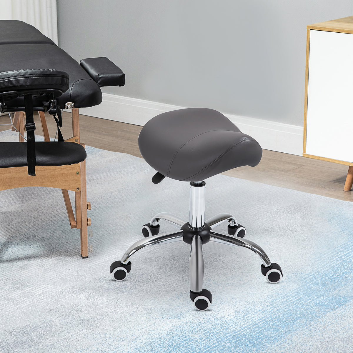 Tabouret à roulettes, tabouret de massage avec hauteur réglable 49-61 cm et selle ergonomique, chaise de travail à roulettes pivotant 360°, pour salon de massage tatouage clinique spa, gris-1