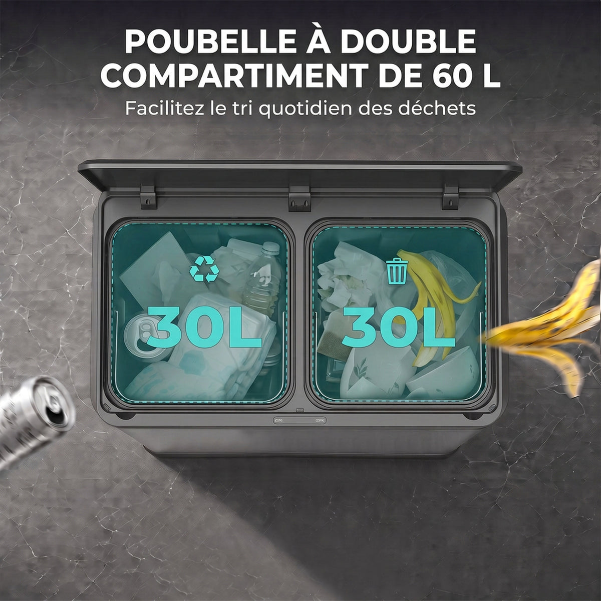Poubelle de Cuisine Automatique 60 L, Poubelle à Double Compartiment, Capteur de Mouvement, Seaux Amovibles, Argent-4