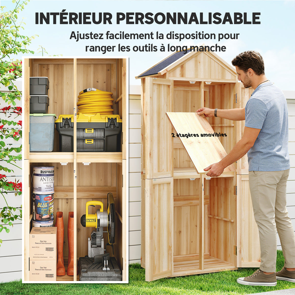 Armoire de Jardin en Bois Abri à Outils Rangement Extérieur Toit en Pointe en Asphalte 82x50x190cm Bois Naturel-5